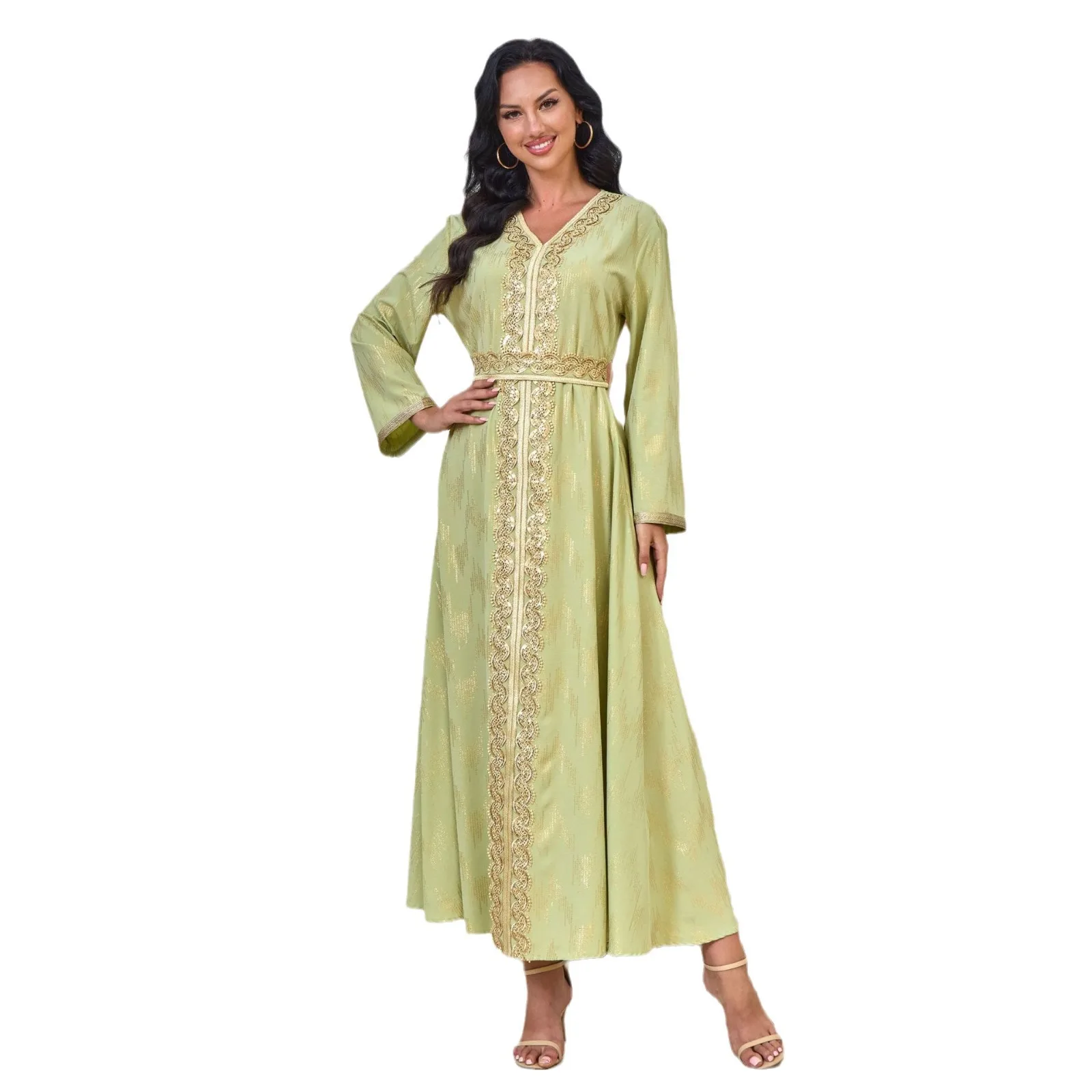 Robe de soirée élégante pour femmes musulmanes, col en V, manches longues, abayas stérilie dubaï, vêtements islamiques à lacets, robes caftan pour femmes