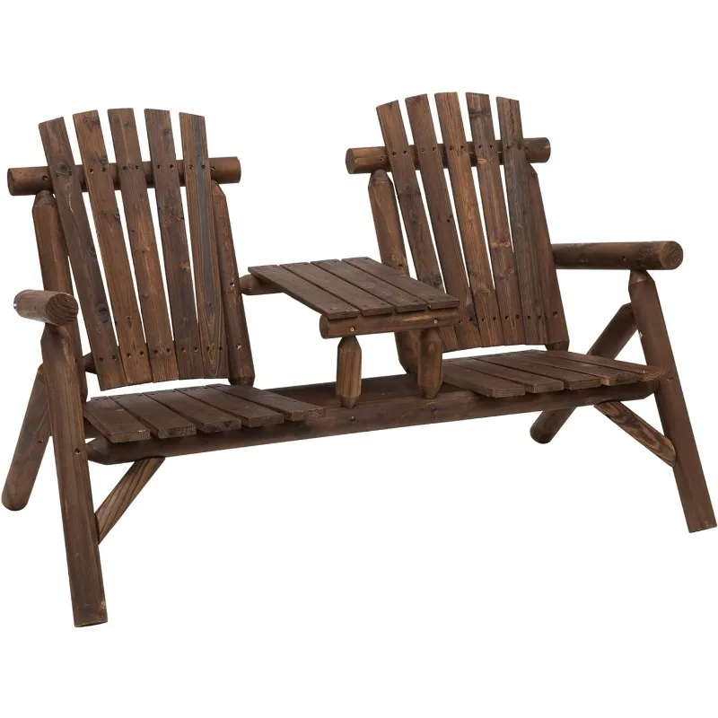 2-Seat Wooden Adirondack Chair, Patio Bench with Table, Outdoor Loveseat Fire Pit Chair for Porch, Backyard, Deck, Carbonized