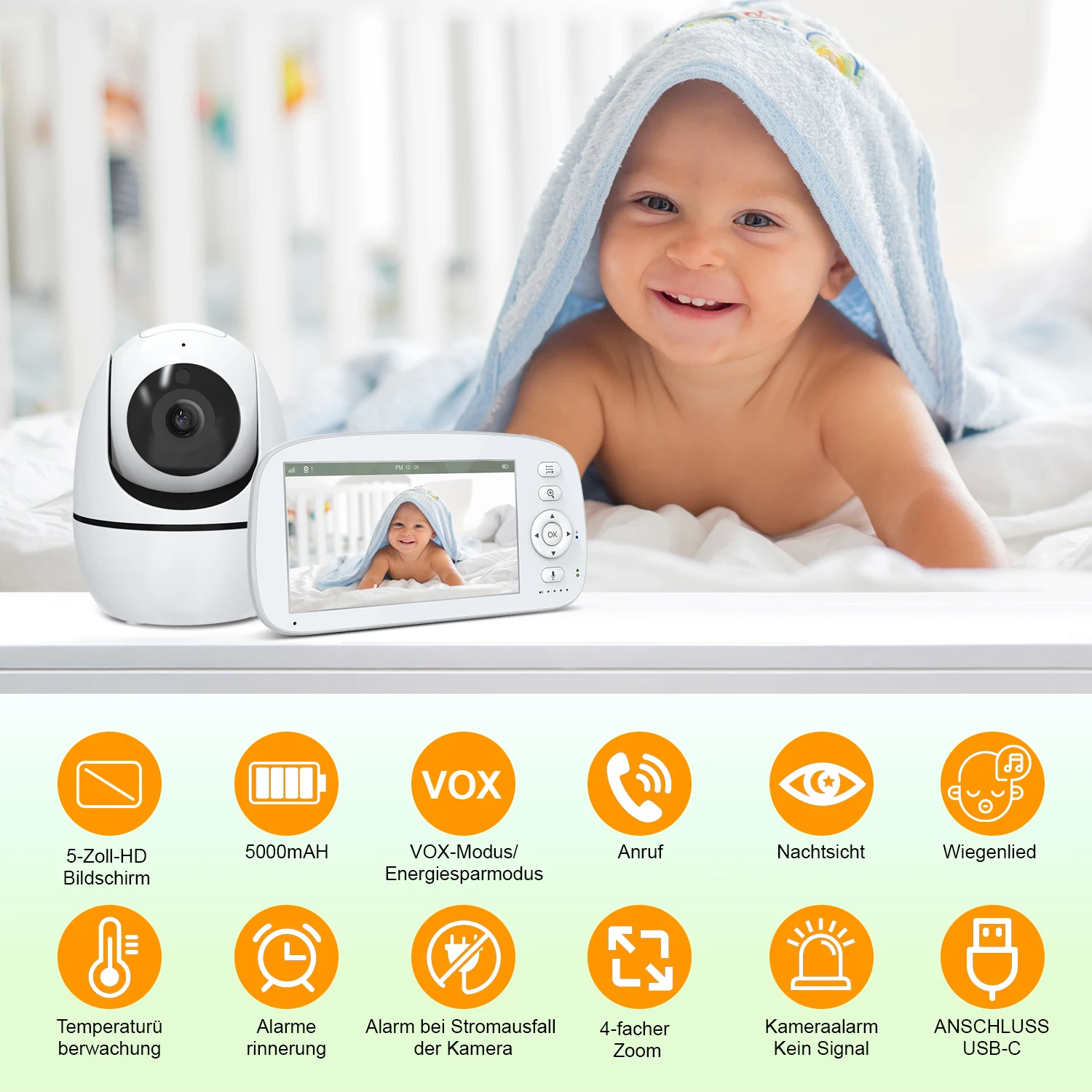 Babyphone mit 720p-Kamera und 4-fachem Zoom, Bewegungserkennung, 5-Zoll-HD, Nachtsicht, Geräusch- und Temperaturüberwachung