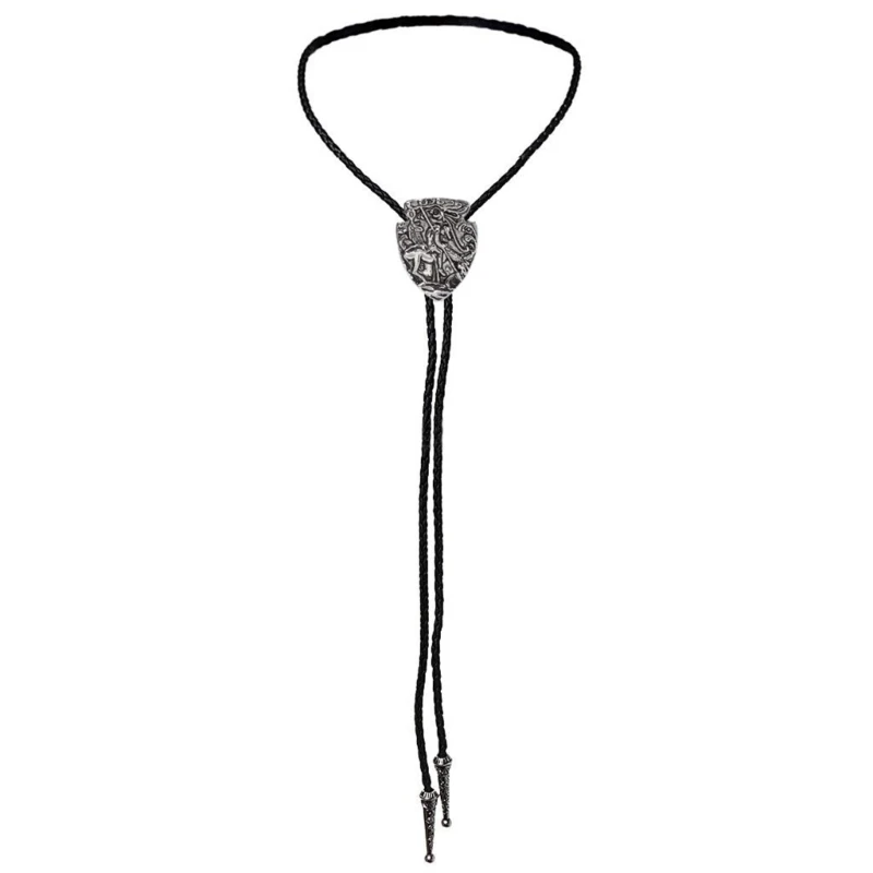 Mens Bolo Tie Cowboy Necktie Leather Rope Necklace with Metal Knight Badges Feathered Pendant Jewelry Shirt Chain Ties