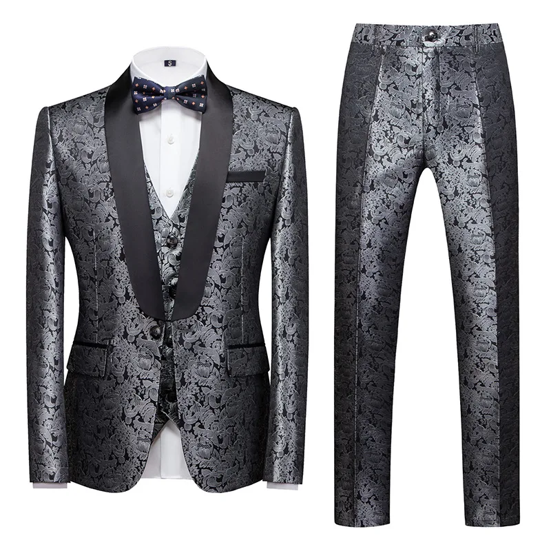 Fashion Jacquard Men Suit Sets Wedding Gala Groomsman Luxury Outfits Evening Party Host Slim Fit Blazer Vest Pants 3 Pieces