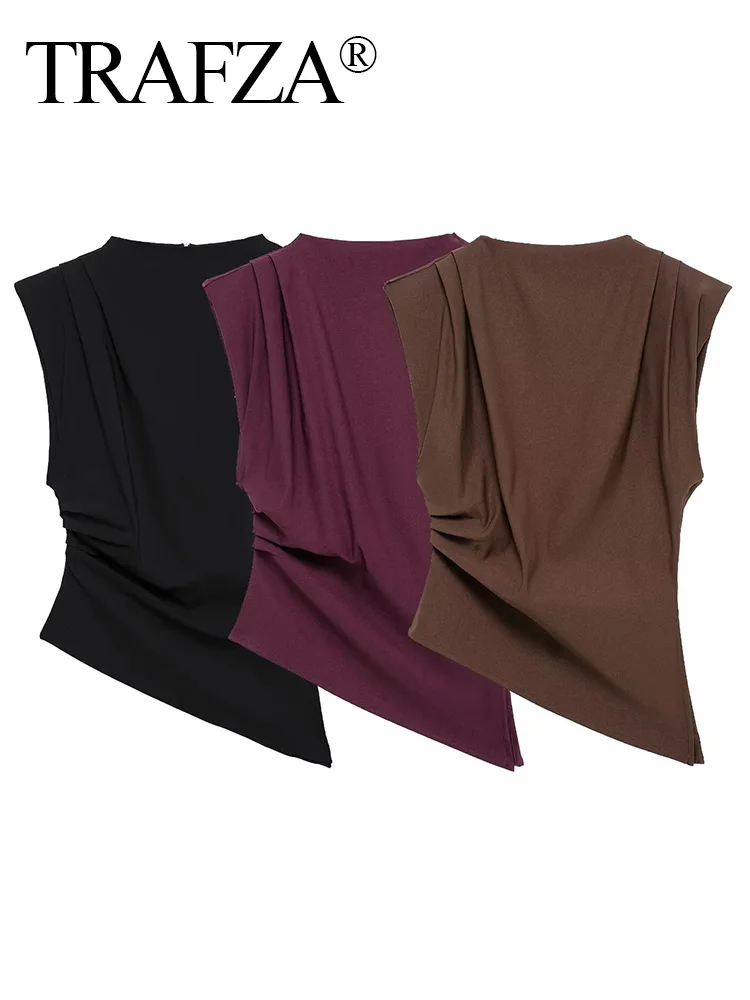 TRAFZA 2025 Vintage Women's Solid Asymmetric Slim Tops Female Fashion Zipper Sleeveless Cross Folds Top Lady Streetwear