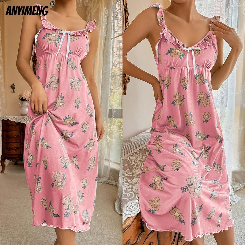 Gorgeous Women Nightgowns Summer Fashion Retro Nightdress Ruffle Dress Elegant Floral Homedress Chic Slim Gowns Lady Lingerie