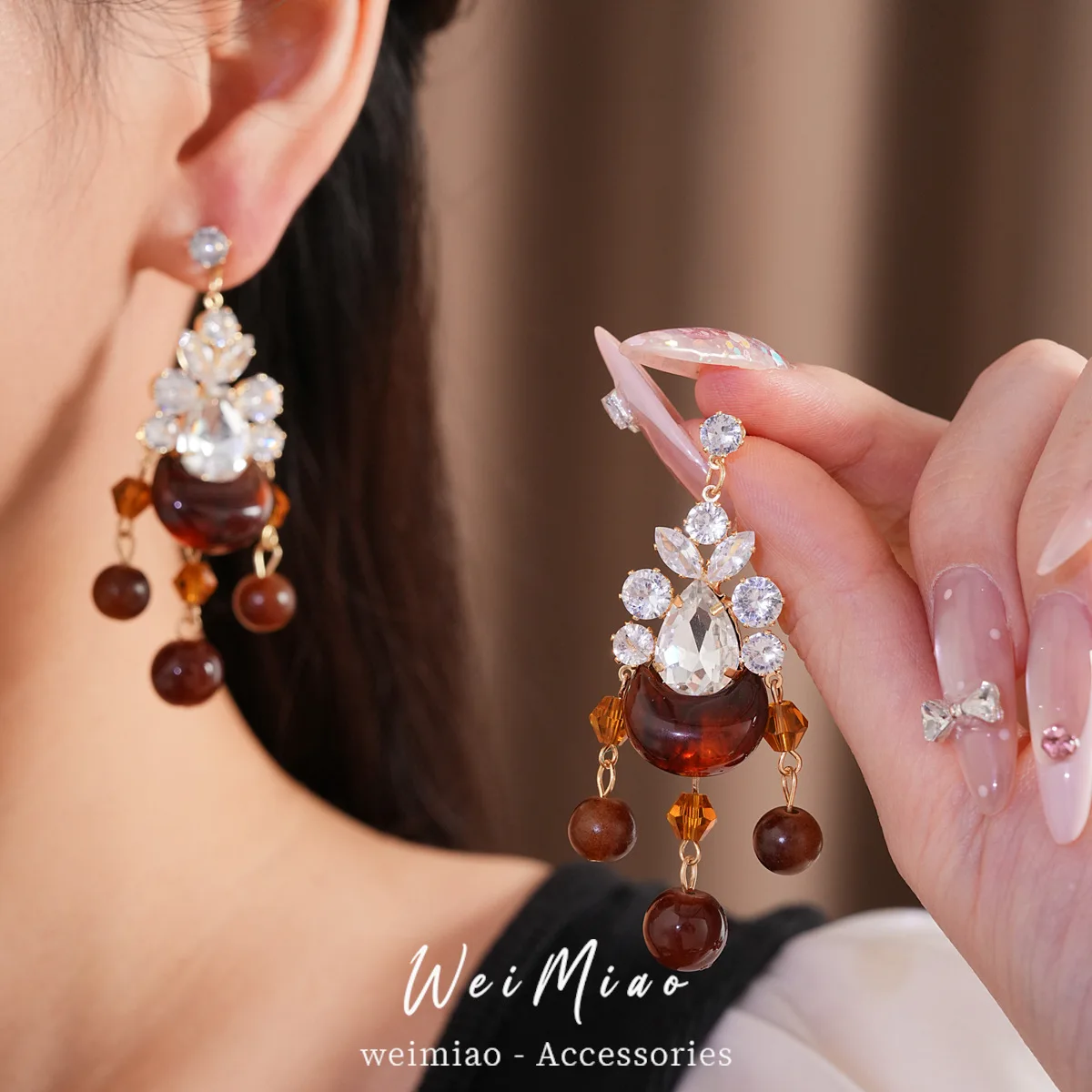 Chandelier Drop Earrings Teardrop Crystal Amber Crescent Moon Charm Dangle Ball Pendant Chic Evening Banquet Jewelry Gift