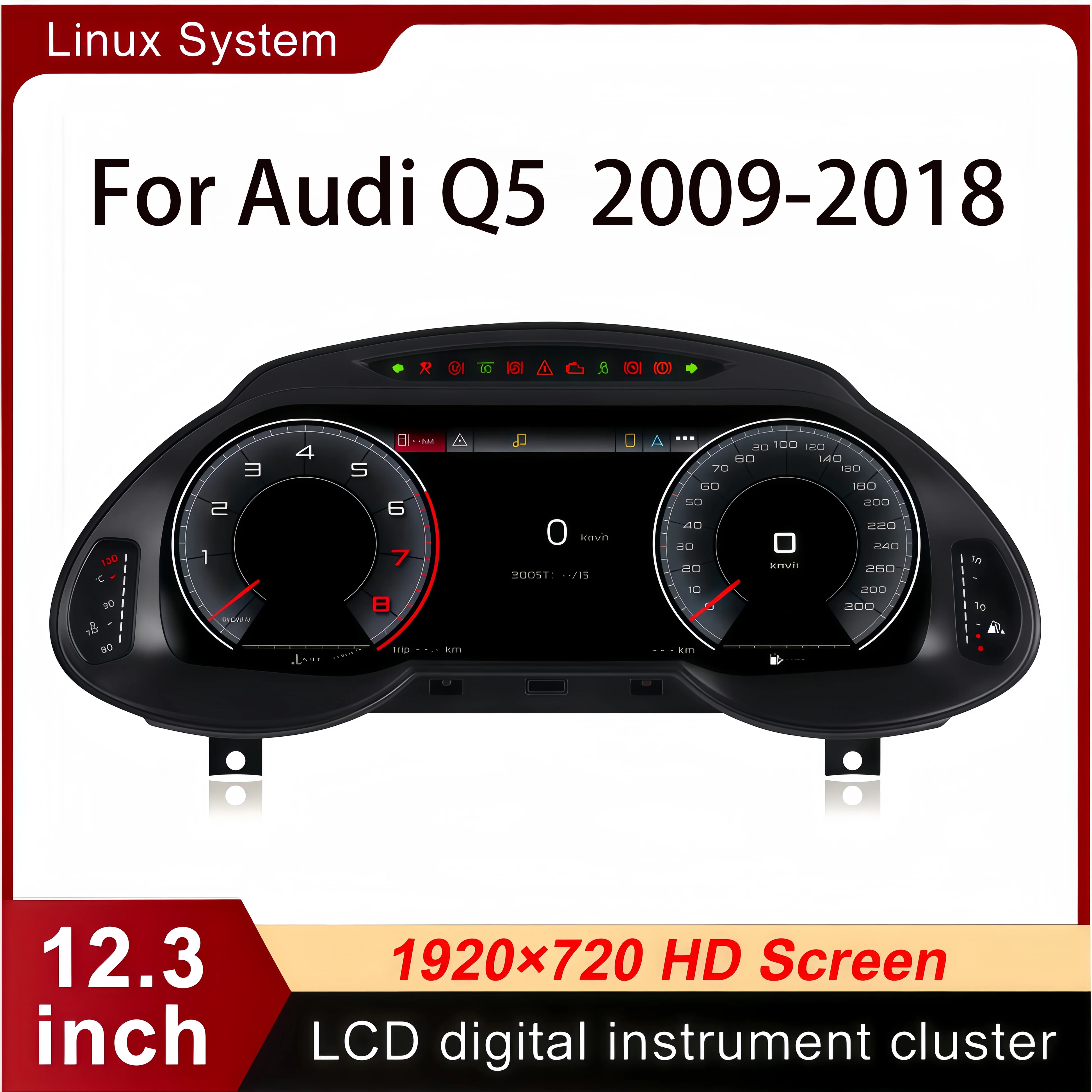 12.3-inch Digital Instrument Cluster For Audi Q5 (2009–2018), Featuring In-car LCD Speedometer Display, With Wireless Android Auto CarPlay, LCD Speedometer Display