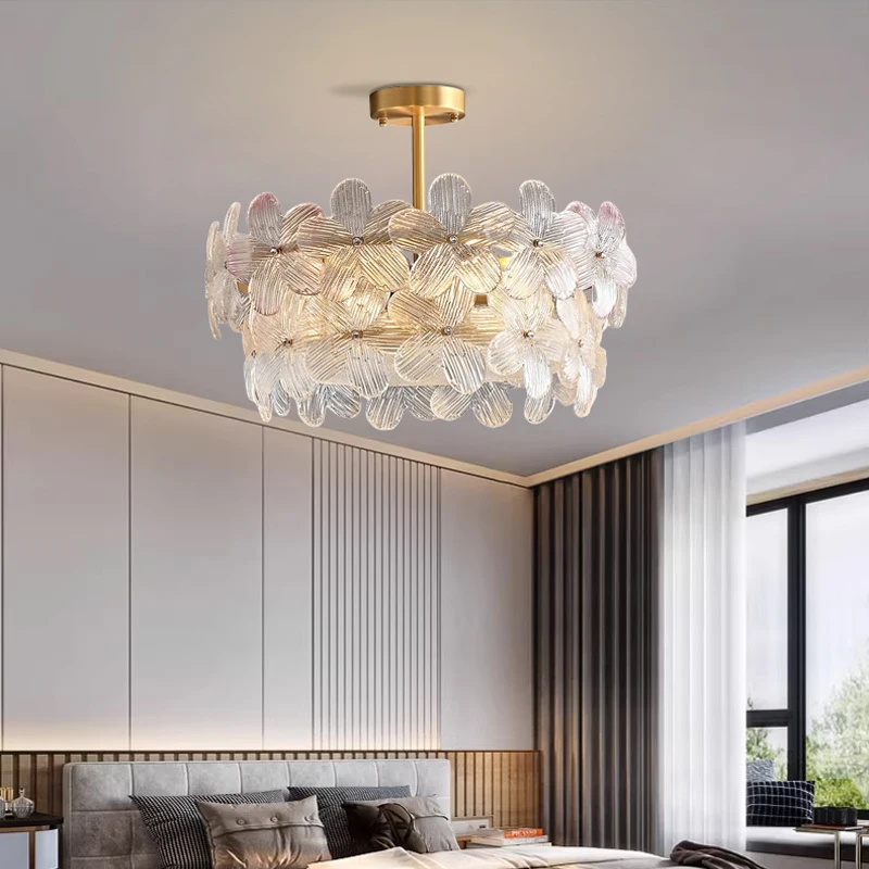 

Light Luxury French All Copper Restaurant Lamp Art Glass Flower Warm Princess Simple Bedroom Study Ceiling Pendant Light