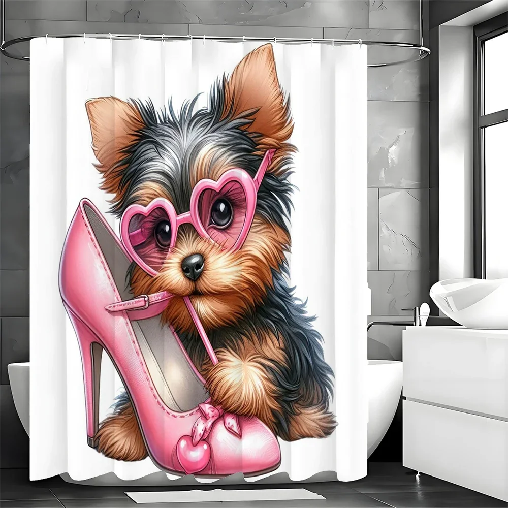 Cute Dog Shower Curtain with Sunglasses Biting Pink Heels, Bathroom Decorative Shower Curtain, Waterproof Shower Curtain with Ho