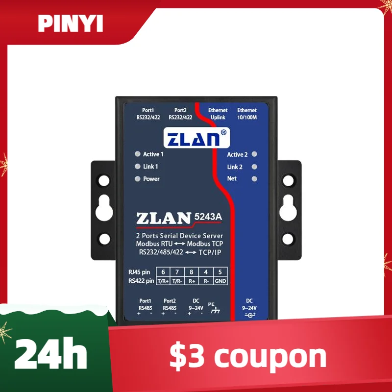 

2-портовый преобразователь Ethernet, промышленный шлюз, последовательный сервер RS485 в Ethernet TCP IP Modbus Gateway ZLAN5243A