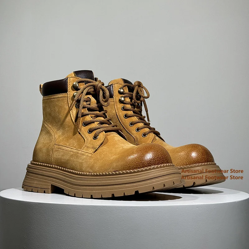 Thick-Soled Motorcycle Men's Boots Retro British Style Outdoor Leisure Hiking Workwear Ankle Boots Height Increasing Men Boots