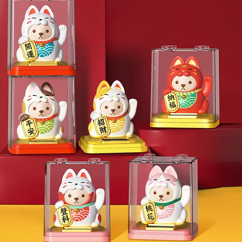 2/3 Inch Solar Powered Lucky Cat Ornament ABS Automatic Waving Arm Lucky Cat Decorative for Office Car Figurines Home Decor