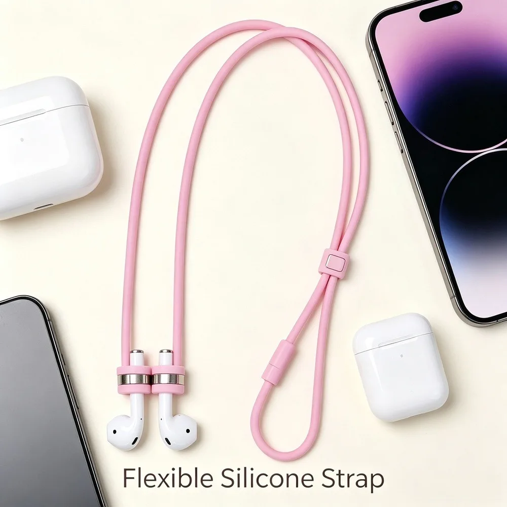Magnetic Airpods Strap, Soft Silicone Anti‑Lost Lanyard for Wireless Earbuds, Adjustable Neck Cord Earhook Holder, Sports Earphone Anti‑Drop String, Pink