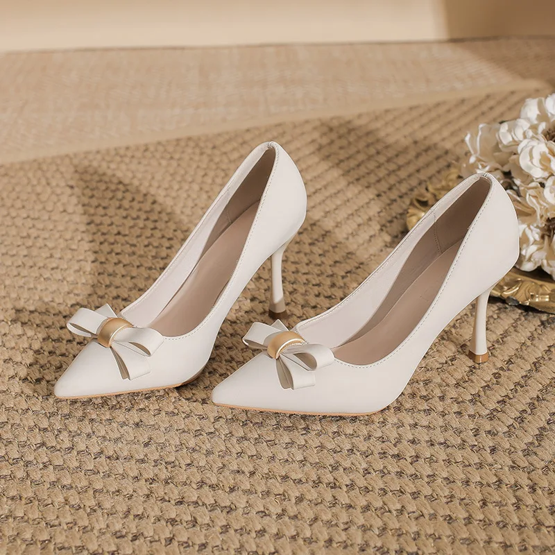 2026 Women's Pointed Stiletto Heels - Black Beige Bow PU Leather Shoes, Non-Slip Fashion Elevator Shoes
