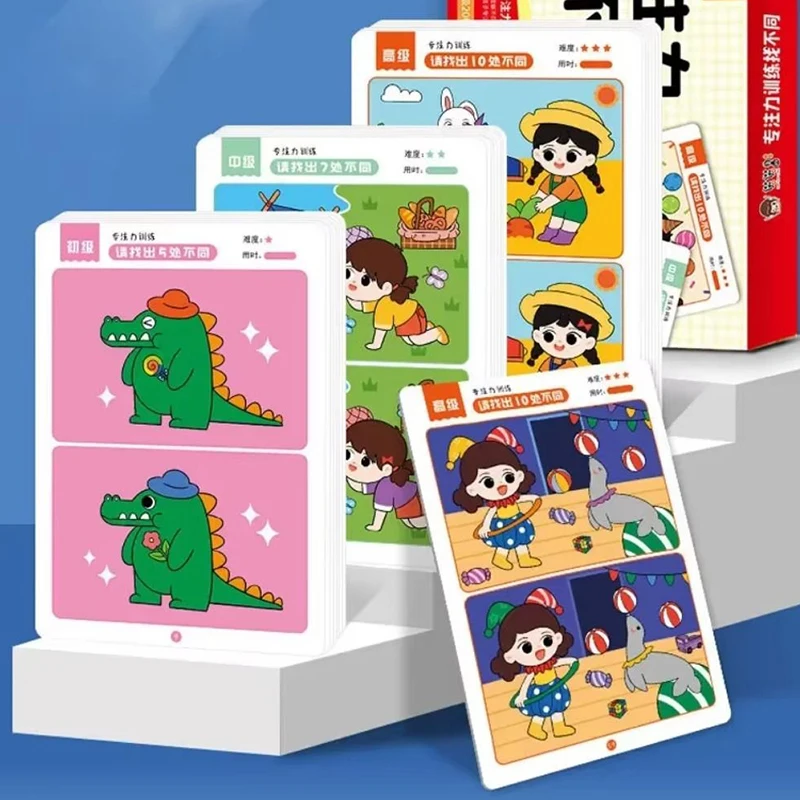 Tarjeta de 20/22 páginas para encontrar diferencias, 3 niveles de dificultad disponibles, juego de dibujos animados, rompecabezas, libros de mesa, accesorios de entrenamiento de concentración ZYF