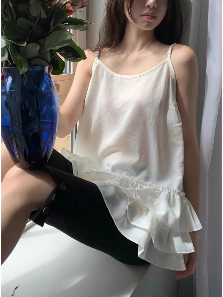 新しい甘いフリルケーキ裾キャミソールトップ夏シンプルな固体薄手のノースリーブトップスイン