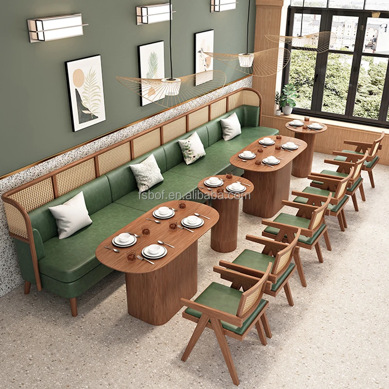 

High End Restaurant Wood Rattan Booth and Chair Hot Pot Coffee Shop Sofa Seat s Table and Chair Combination Double Long Wood Boo