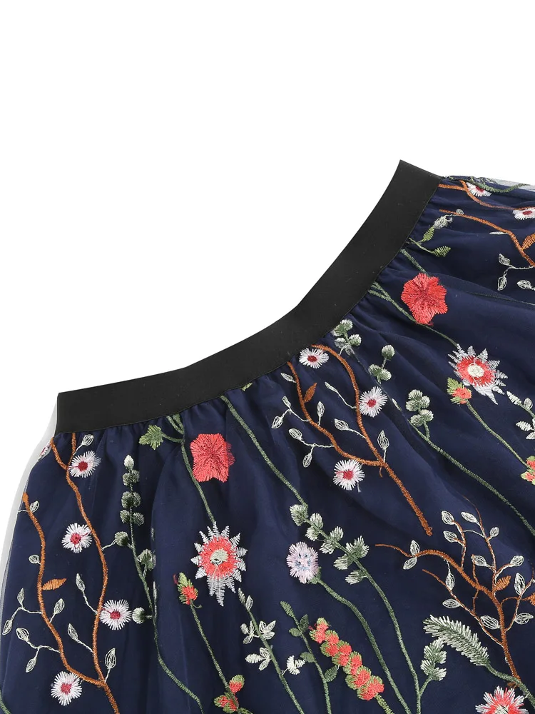 Tonval Floral Embroidered Mesh Overlay Lined Long Skirt Elastic Waist Women Elegant Festival Outfit Summer Vintage Skirts