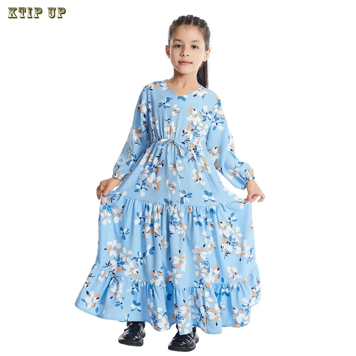 Ramadan Fashion Muslim Children Abaya Print Girl Maxi Dress Long Robe Gowns Kimono Cute Jubah Middle East Arab Islamic Clothing