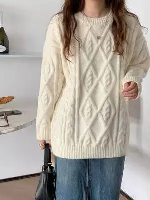

Корейский высококачественный мягкий белый свитер, женский осенне-зимний круглый свободный вязаный топ Lazy Sle, удобный длинный све