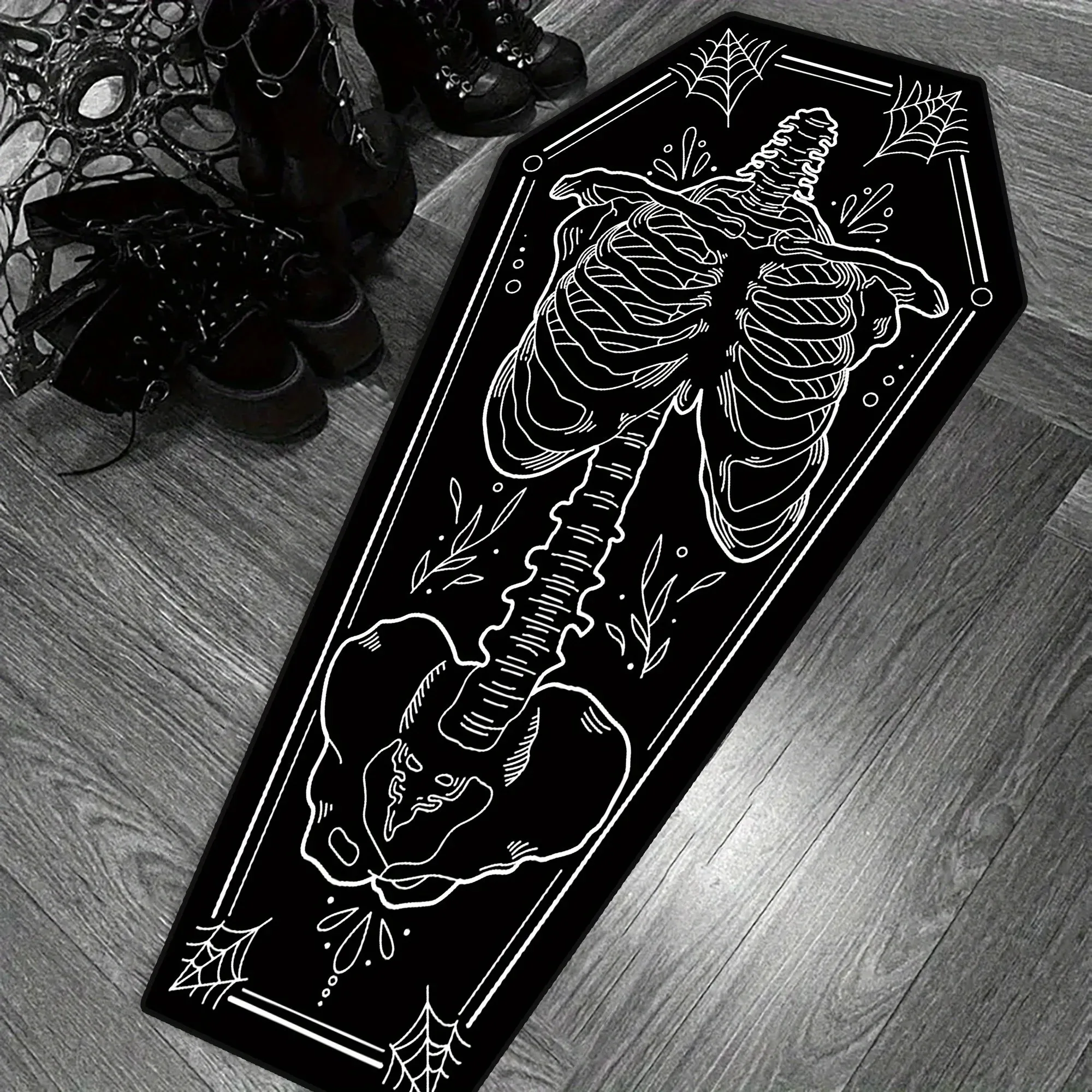VIKAMA Coffin Shaped Skeleton Runner Rug Gothic Spider Web Non Slip Halloween Bedroom Dark Decor Mat