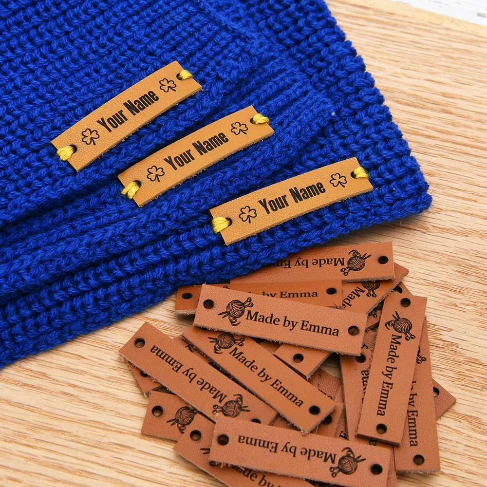 

Laser Engraved Labels, Knitting Labels, Genuine Leather, Crochet Tags, Custom Logo, Sewing Tags, 0.5x2 Inches, D521