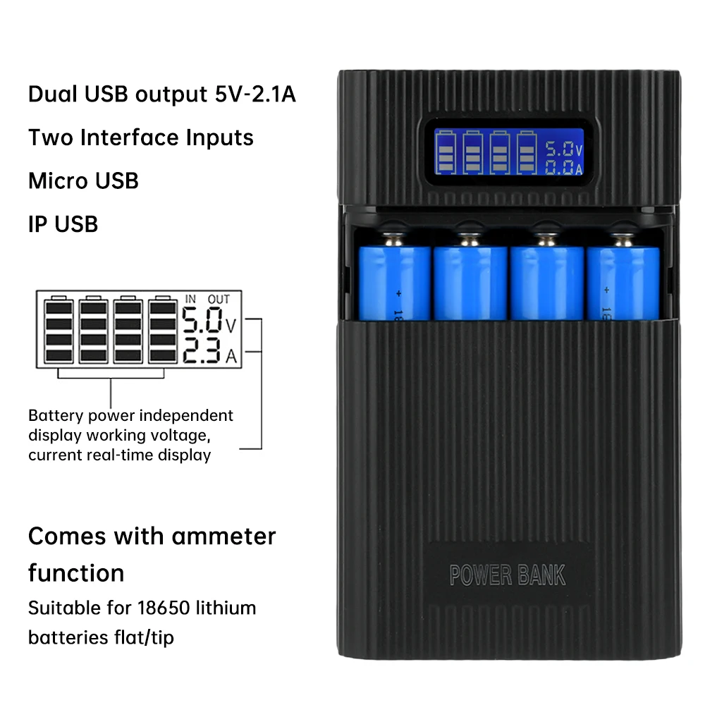 Sarung Power Bank 18650 baterai, cangkang DIY pengisi daya tampilan Digital USB ganda 18650*4 5V untuk kotak penyimpanan baterai ponsel