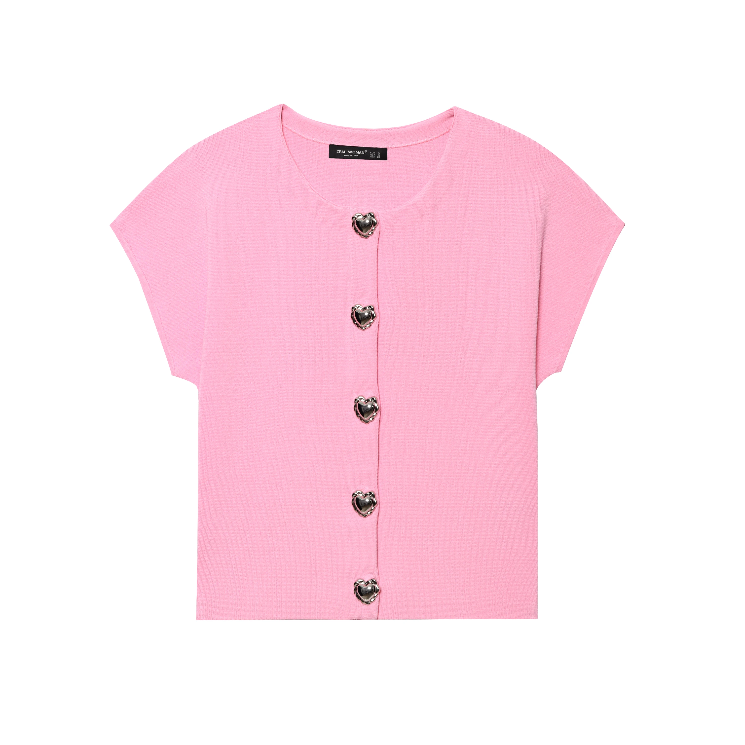 

2025 summer new product women's clothing fashionable and versatile heart button round neck short sleeve knitted top