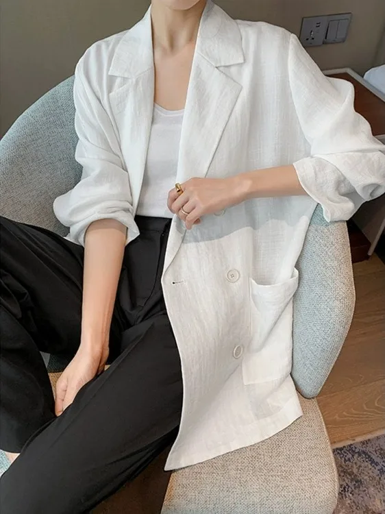 

White Linen Jaet Women's Casual Loose Thin Spring Autumn Cotton Linen Material Upper Apparel Sun Protection