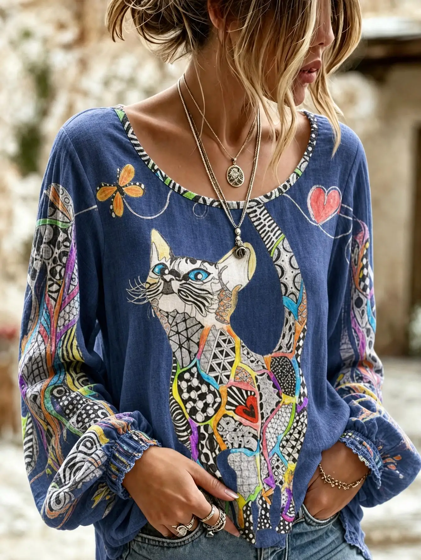 Women Plus Size Blouse 3D Cat Print Long Sleeve Loose Fit Casual Boho Tunic Top