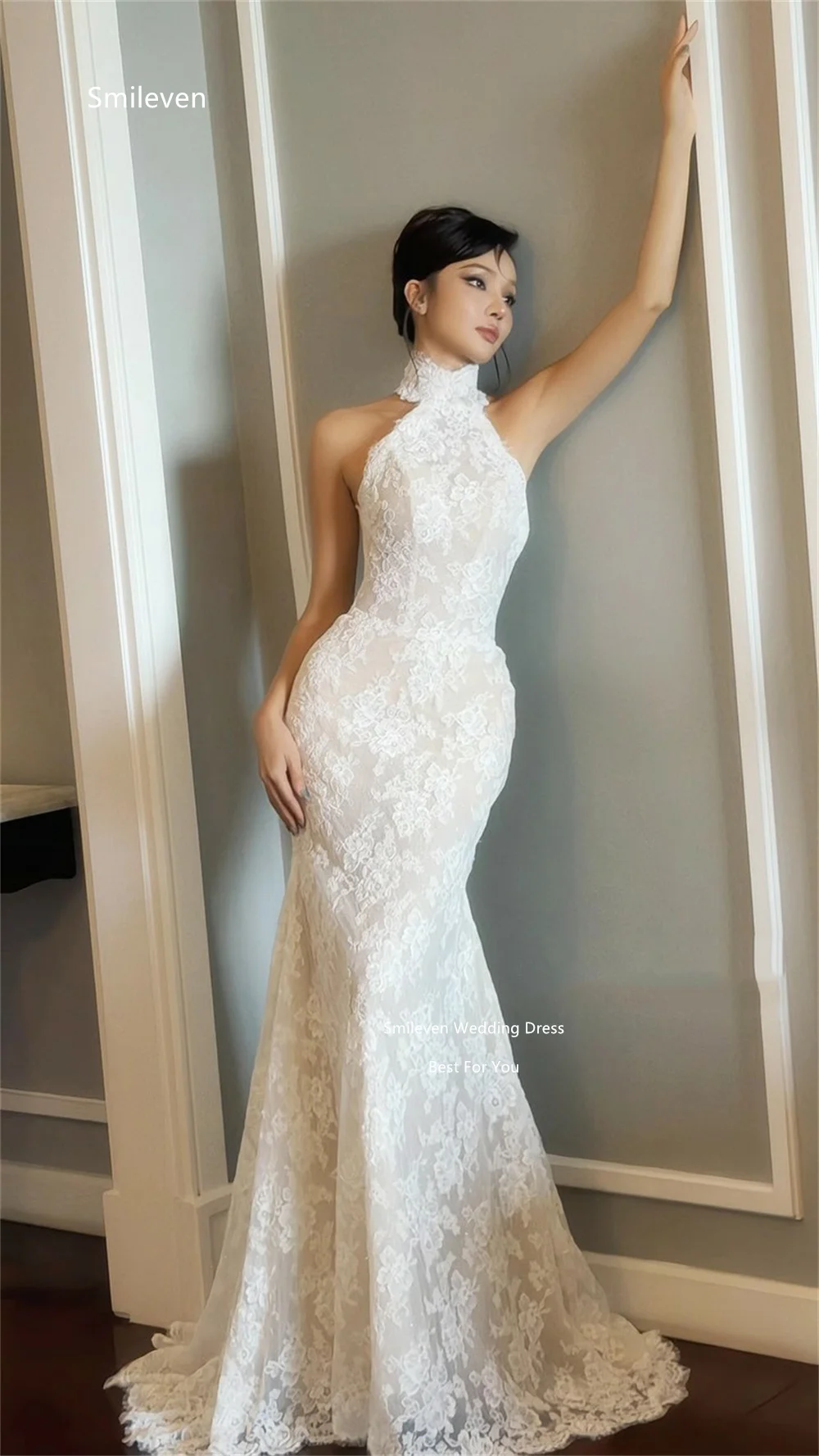 Smileven Ivory Floral Lace Wedding Dresses Mermaid High Halter Sleeveless Bridal Dress Open Back Lace Up Gowns Customized 2027