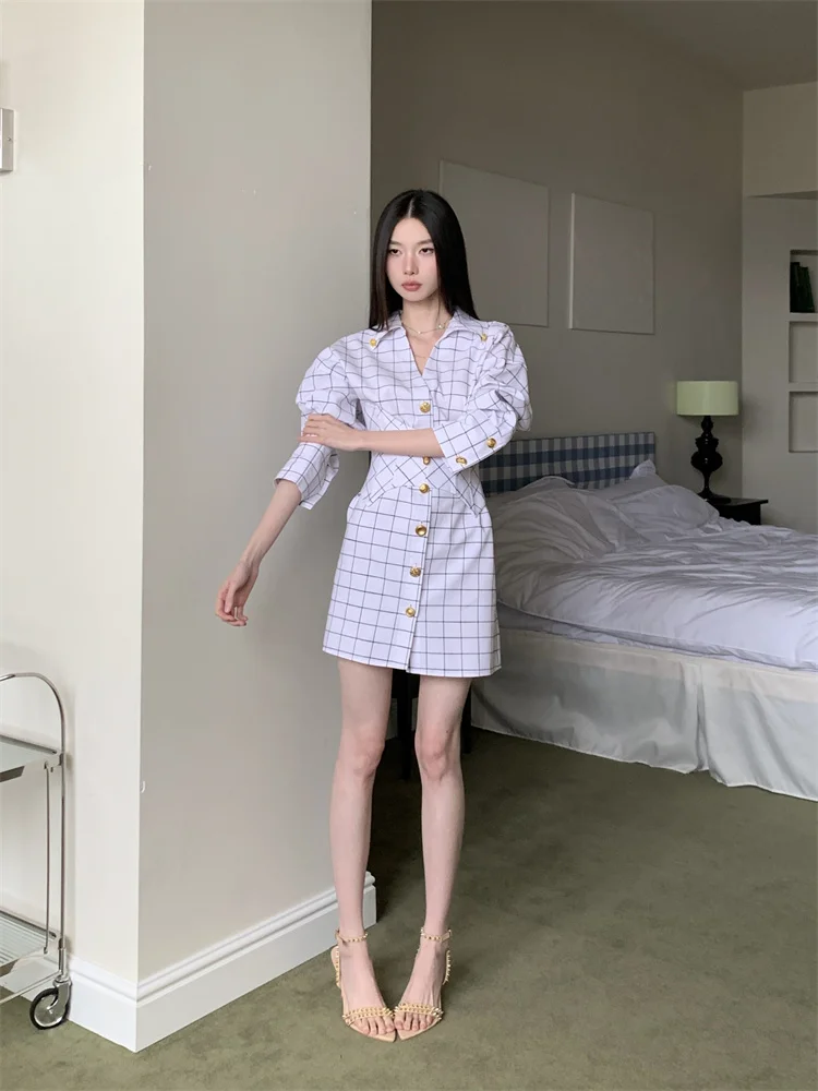 CHEERART 가을 2025 패션 여성 격자 무늬 셔츠 드레스 디자이너 흰색 단추 업 칼라 미니 짧은 드레스 패션 의류