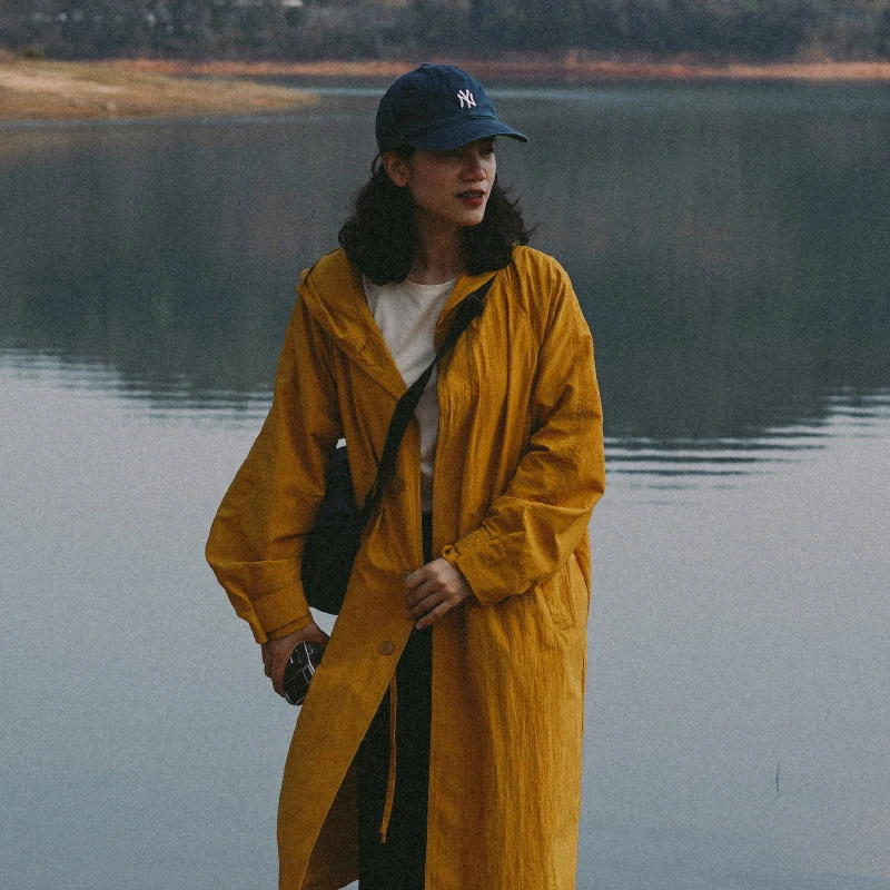 

Number 6 Bus Retro Ginger Yellow Coat Women's Spring Autumn Outdoor Workwear Sle Hooded Jaet Medium Length Thin