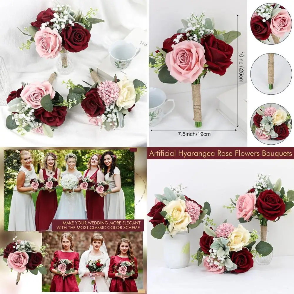 

Набор из 6 букетов из 7 искусственных шелковых роз для подружек невесты - пудрово-розовый и бордовый цвета, для небольших свадеб, вечеринок и юбилеев