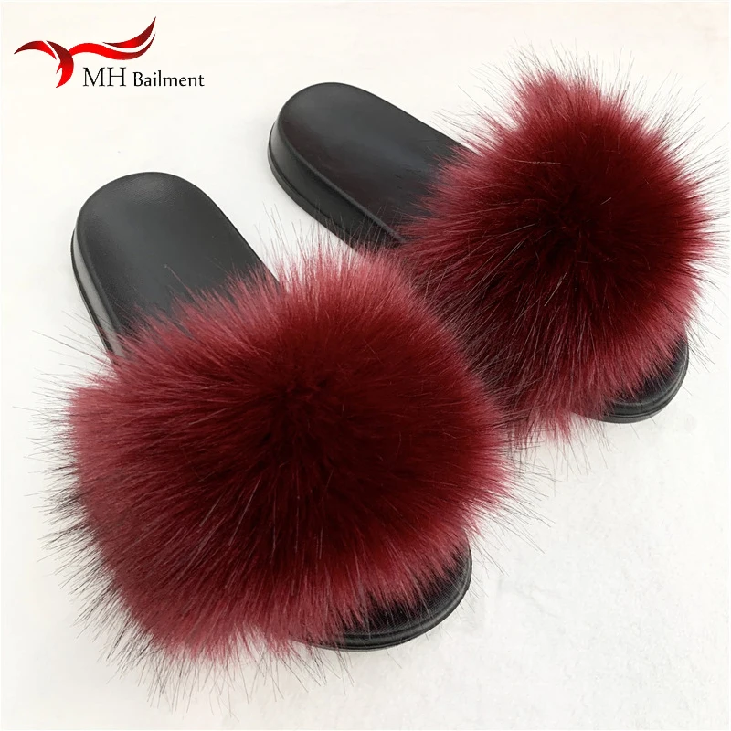 Faux Fur Slippers Women Home Fluffy Flat Slides Winter Comfort Furry House Sweet Shoes Female Slipper Indoor Flip Flops