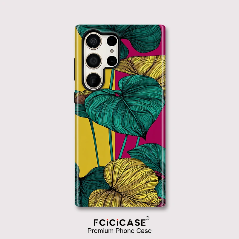 Fcicicase S25 الترا موضة يترك طباعة جراب هاتف لسامسونج غالاكسي S24 زائد S20 FE S23 A56 A26 A36 A16 ماتي PC غطاء من البولي يوريثان