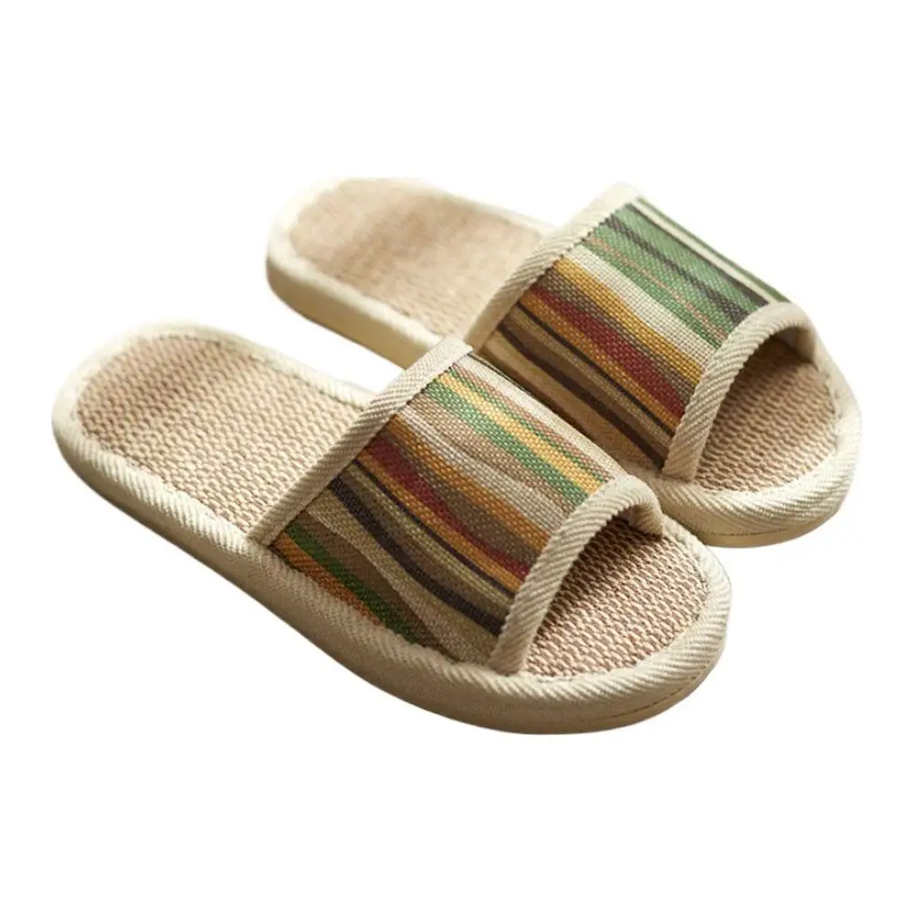 Gestreifte Leinen-Hausschuhe mit offener Zehenpartie für Damen, atmungsaktive Leinen-Slipper mit rutschfester Sohle für den Innenbereich, Schlafzimmer-Hausschuhe – Detail 3
