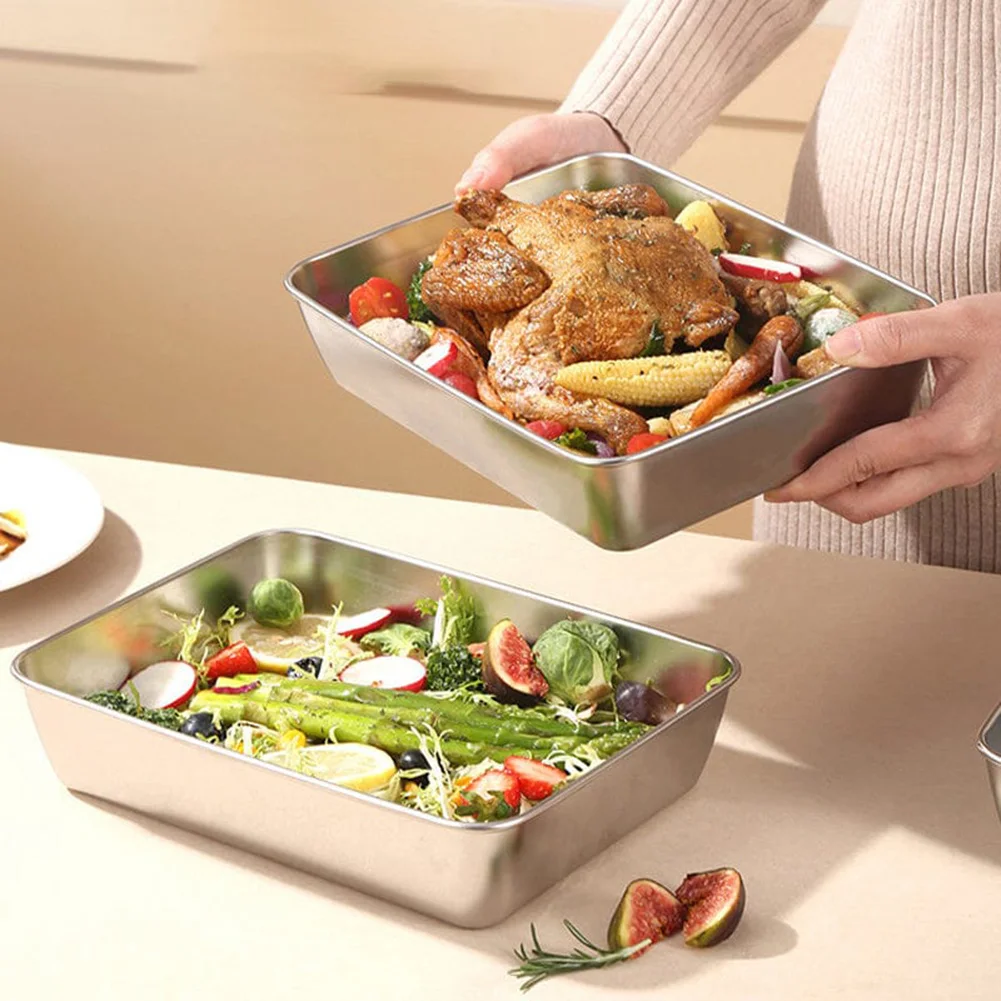 Stainless Steel Square Plate With Lid Rectangular Food Storage Pan Commercial Dish Tray Large Freshing Lunch Box Container