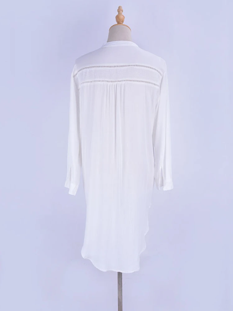 Camiseta de playa para mujer, traje de baño de encaje asimétrico blanco, elegante túnica de algodón con botones