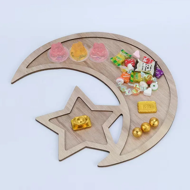 Eid Mubarak Moon Star Candy Dessert Tray Wooden Tray Cake Food Holder Plate Islamic Muslim Ramadan Kareem Home Party Decoration