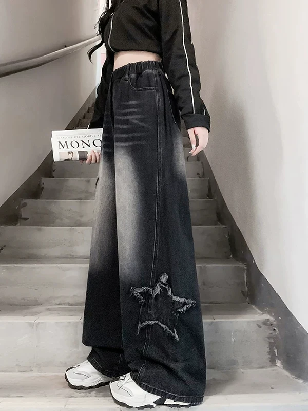 Loose Fleece-lined Straight-leg Wide-leg Pants High-waisted Vintage Denim Jeans for Junior High School Students Autumn Winter...