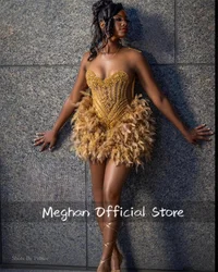 Gold Sweetheart Short Prom Dresses For Black Girls Crystal Bead Birthday Party Dress Feather Mini Cocktail Homecoming Customized