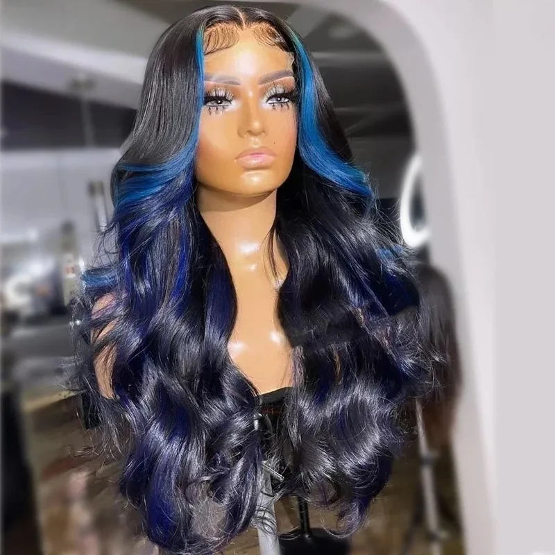 الأسود والأزرق تسليط الضوء على الباروكات الجسم موجة الدانتيل الباروكات الأمامية الاصطناعية 13X4 HD غلويليس جودة عالية قبل قطعها تأثيري للنساء #5