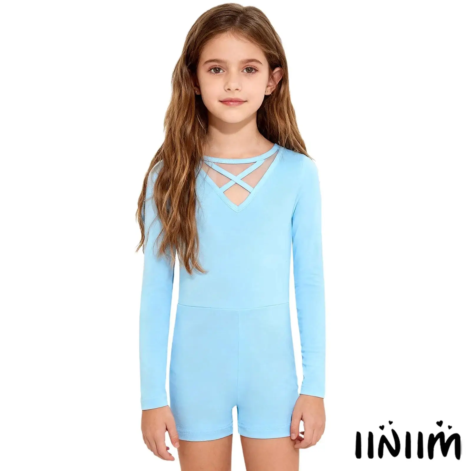 

Kids Girls Lyrical Ballet Dance Bodysuits Sheer Mesh Cross Front Back Leotard Artistic Gymnastics Ballet Yoga Dance Costume
