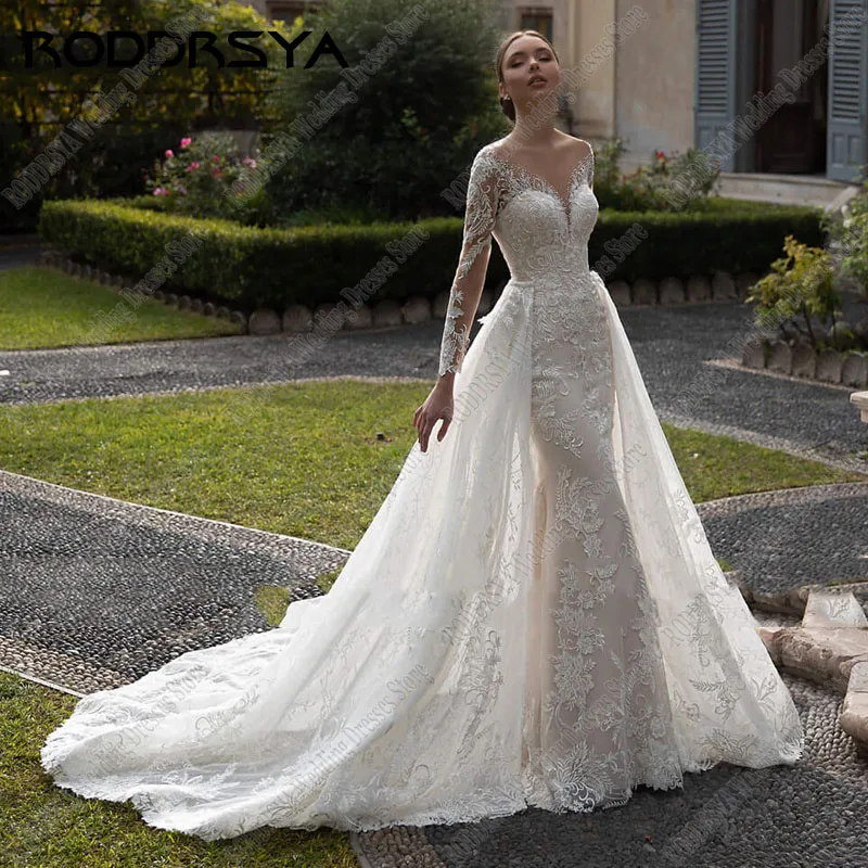 RODDRSYA Romantic V-Neck Appliques Mermaid Wedding Dress Elegant Long Sleeve Tulle Bridal Gowns New Detachable Train Bride Gown