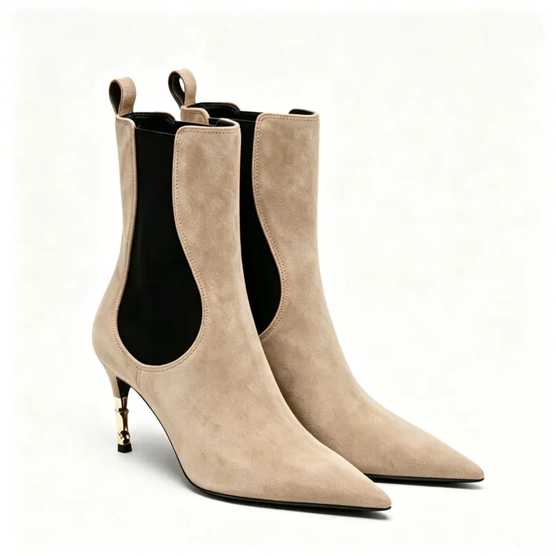 Women's New Knee High Boots with Pointed Kitten Heel and Stretch Fabric for Autumn and Winter Party Fashion, Mid Length Boots