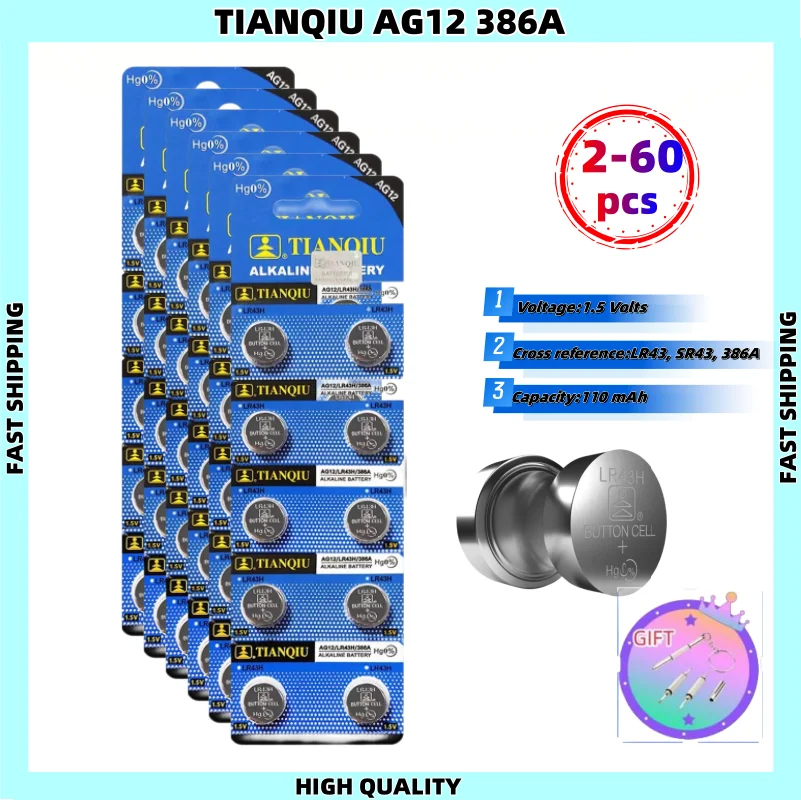 Original TIANQIU AG12 L1142 LR43 301 386 1.5V Lithium Batteries Environmental Protection Button Battery for Watch Battery Remote