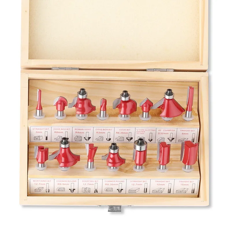 Professional 15 Piece Woodworking Router Bit Set for CNC Milling Machine Including 1 4 Inch Shank and 1 2 Inch Shank Bits