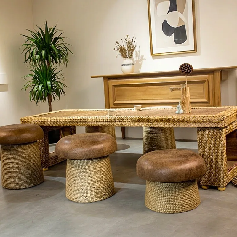 

Mushroom Stool for Entryway Solid Wood Shoe Ottoman Round Rope Weaving Stool Bench for Living Room Low Shoe Changing Stools