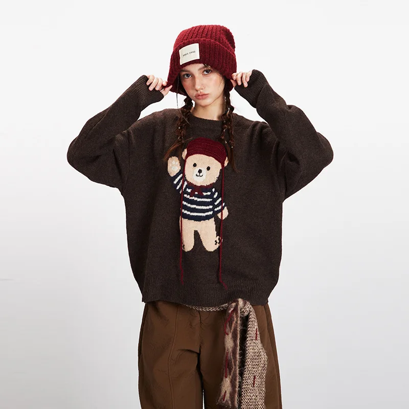 

Новый осенне-зимний пуловер с медведем для пар, свитер для мужчин и женщин с круглым вырезом, свободный ленивый внутренний вязаный свитер