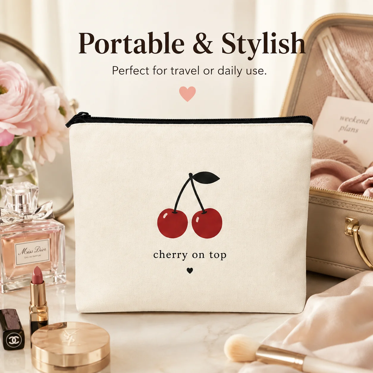 Cute Cherry Makeup Bag for Women, Canvas Cosmetic Pouch, Portable Travel Toiletry Bag with Zipper Organizer