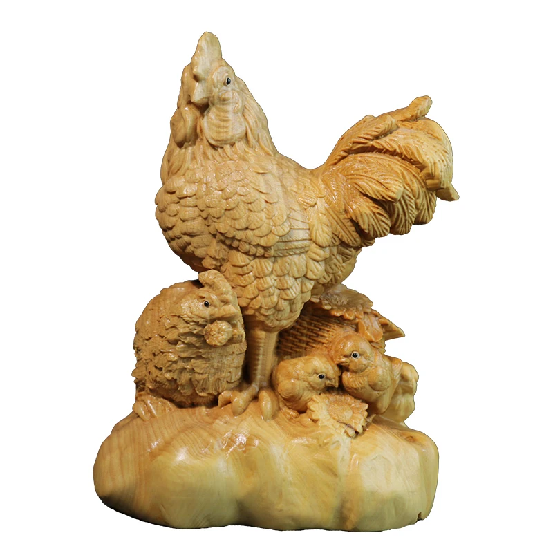 XS239-13CM Hand Carved Boxwood Carving Figurine Animal Statue Home Decor -Cock Feng Shui Sculpture